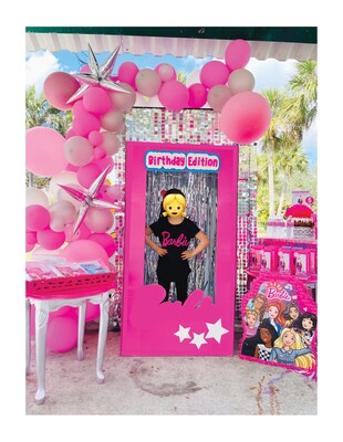 4ft, 5ft, and 6ft, silver curtains include, doll photo box, popular pink doll, birthday girls party, fashion photobooth - image2